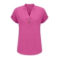 thumbnail image 5 of LEKODE Button Down Shirts for Women v Neck Cotton Linen V Neck linen tops Tunic Tops button down shirts for women classy shirts for women Rolled Sleeves cotton button up shirts for women Solid Pink L, 5 of 6