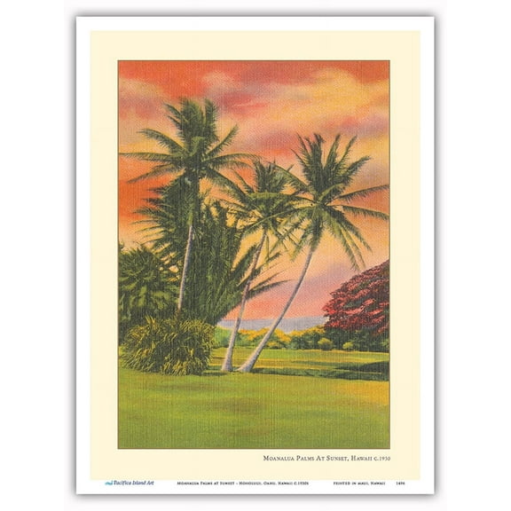 Moanalua Palms at Sunset - Honolulu Oahu Hawaii - Vintage Hawaiian Travel Poster c.1930s - Master Art Print (Unframed) 9in x 12in