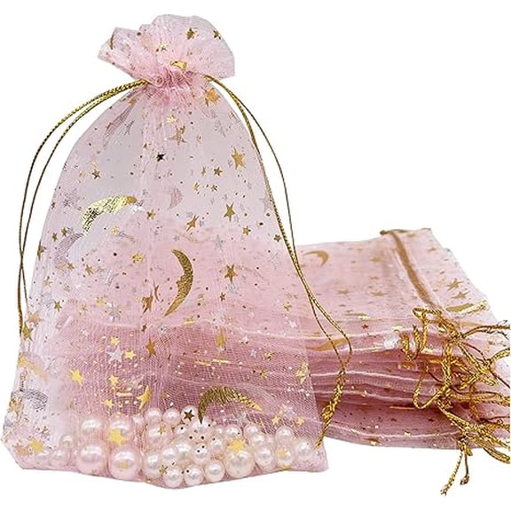 NAMZI 100PCS 4X6in Pink Organza Gift Bags, Drawstring Mesh Pouch with Moon Star Design, Ideal for Wedding Party Favors, Jewelry Storage & Candy Treats