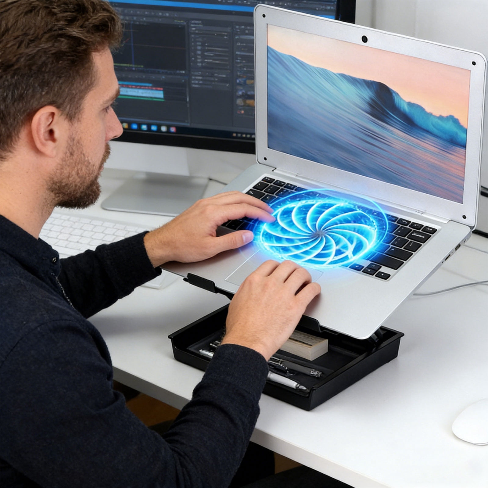 Space Saving Laptop Desk Stand Equipped With Cooling Fan And Locking Mechanism Has Built In Storage Area