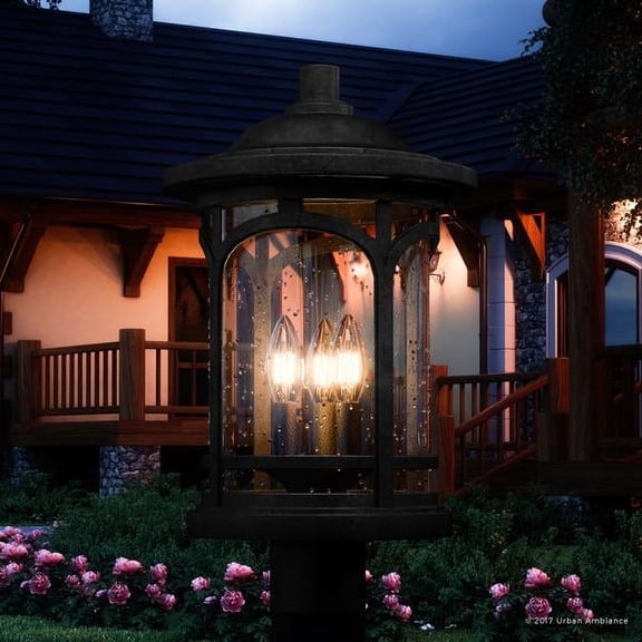 Urban Ambiance Luxury Rustic Outdoor Post Light, Medium Size: 19"H x 11"W, with Colonial Style Elements, Wrought Iron Design, High-End Black Silk Finish and Seeded Glass, UQL1106