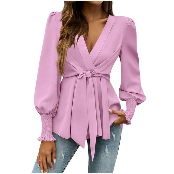 HongQid Long Sleeve Blouses for Women Dressy Casual, Wrap Tops Work Shirts, V Neck Fall Business Outfits