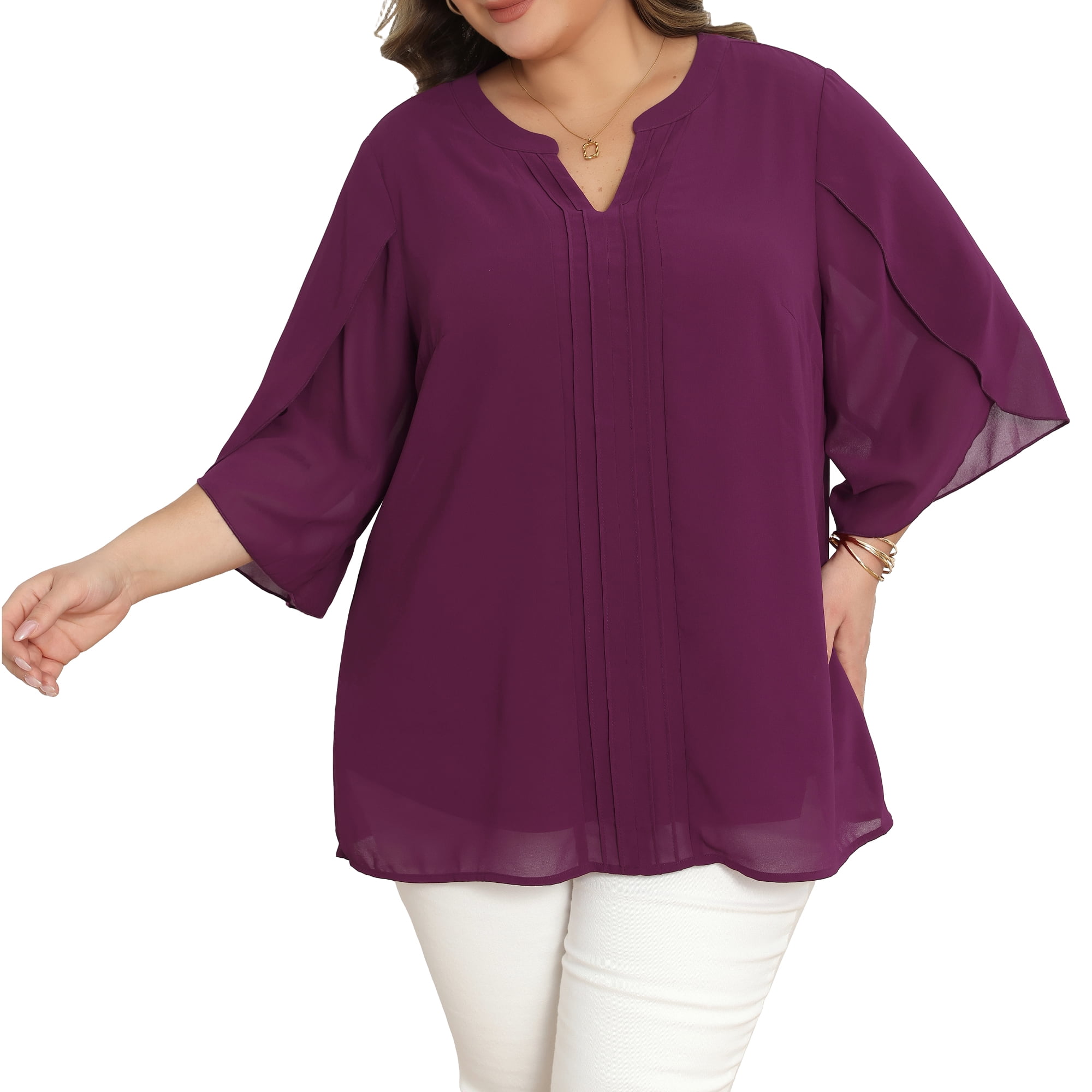 DARING DIVA Women's Plus Chiffon Pleated Front 3/4 Sleeve Top 1X Purple