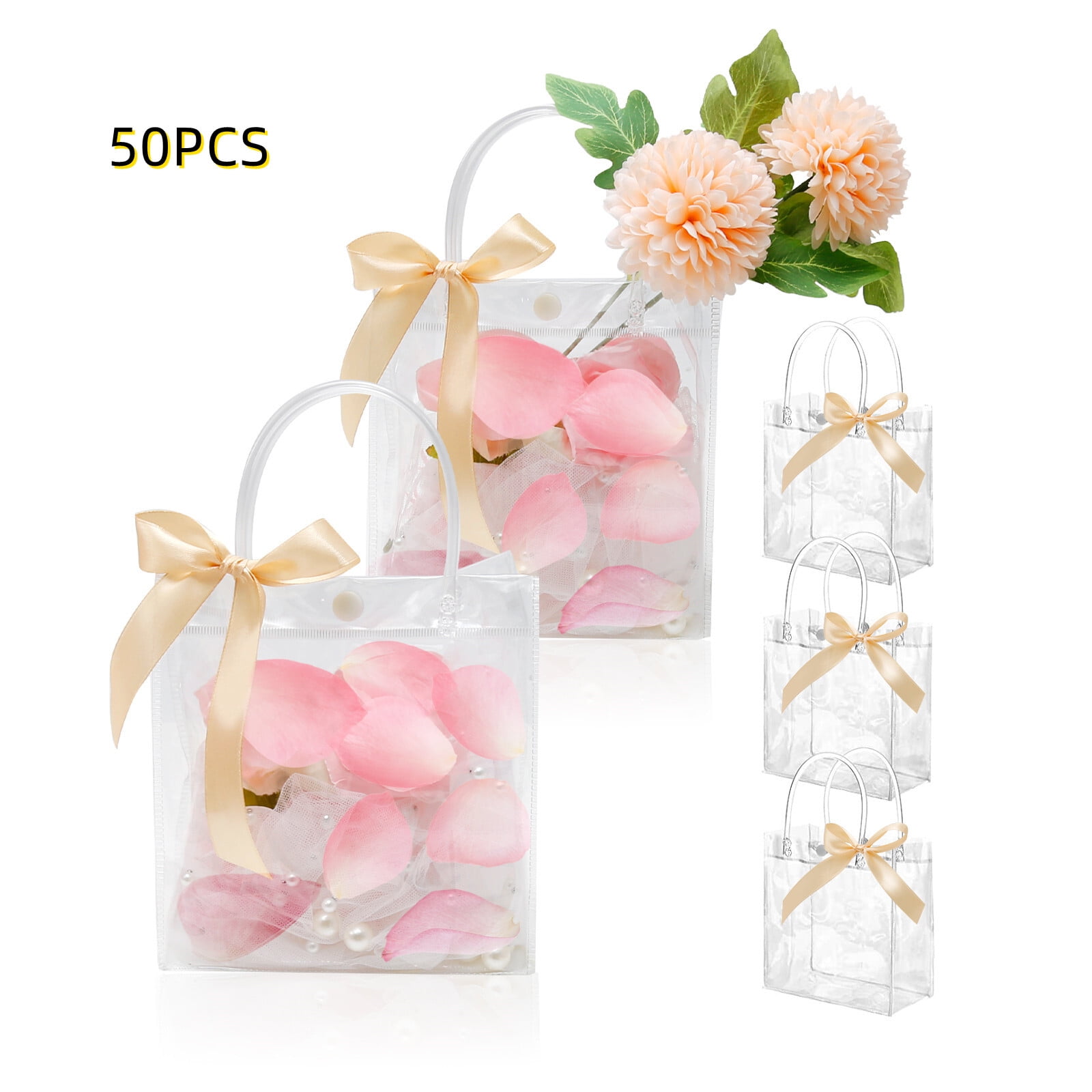 50 Pcs Cellophane Bags, Clear PVC Plastic Gift Bags with Champagne Gold