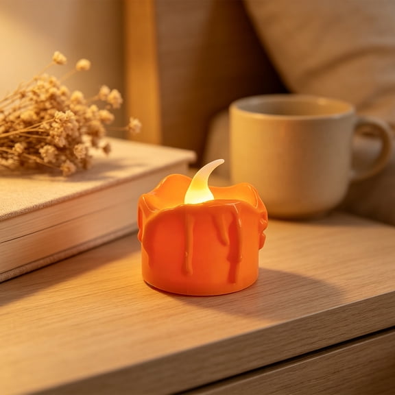 Battery‑Operated Flameless LED Tea Lights Flickering Votive Fake Candles Safe Reusable Lighting for Halloween Thanksgiving Christmas Table Mantel and Window Holiday Styling Orange