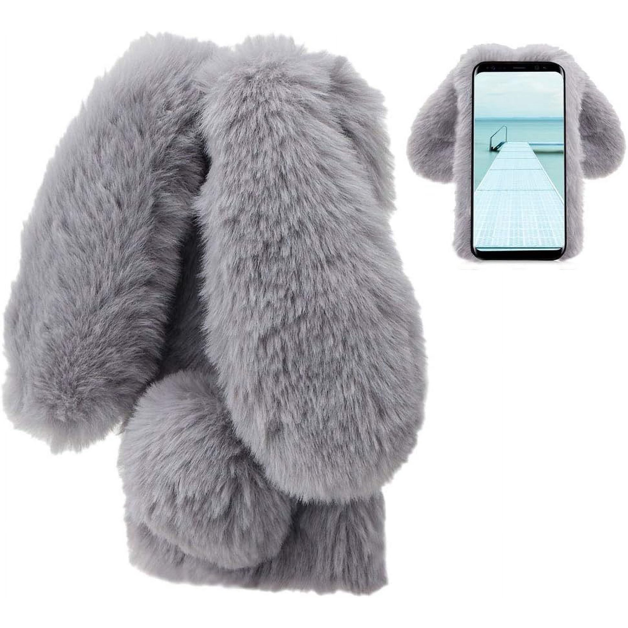 Rabbit Case for Samsung Galaxy S9, Cute 3D Bunny Ears Soft Furry Hairball Fuzzy Winter Warm Faux Fur Plush Fluffy Flexible TPU Bumper Protective Skin Cover for Women Girls - Gray