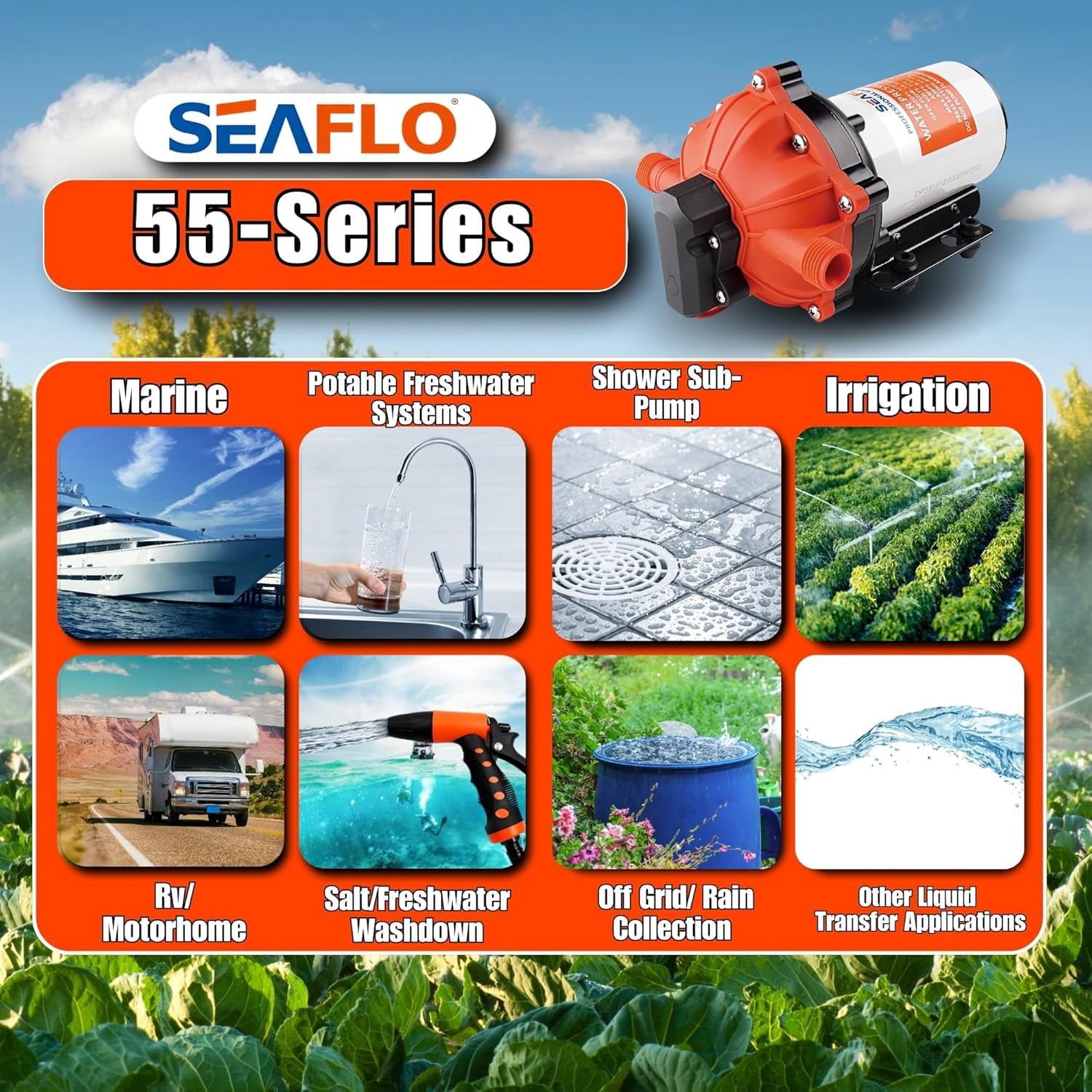 SEAFLO 55 Series 24V 5.5 GPM 60 PSI On Demand Diaphragm Water Pressure Pump