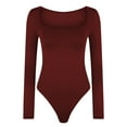 thumbnail image 6 of Elainilye Fashion Womens Bodysuit Long Sleeve Solid Color Square Neck Tight Fitting Cutout Jumpsuit Thong Shapewear,Red, 6 of 8