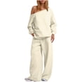 thumbnail image 2 of Frostluinai Oversized Sweatsuits for Women Dew Shoulder Sweatshirts Elastic Waist Wide Leg Pants Solid Casual Sets Two Piece with Pocket, 2 of 6