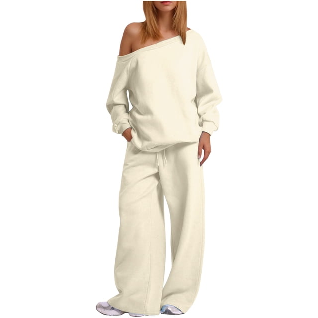 MeetoTime Ensemble 2 Pcs pour Femmes en Molleton, Chandail à Col Rond, Pantalon Grand, Survêtement, Tenue de Détente