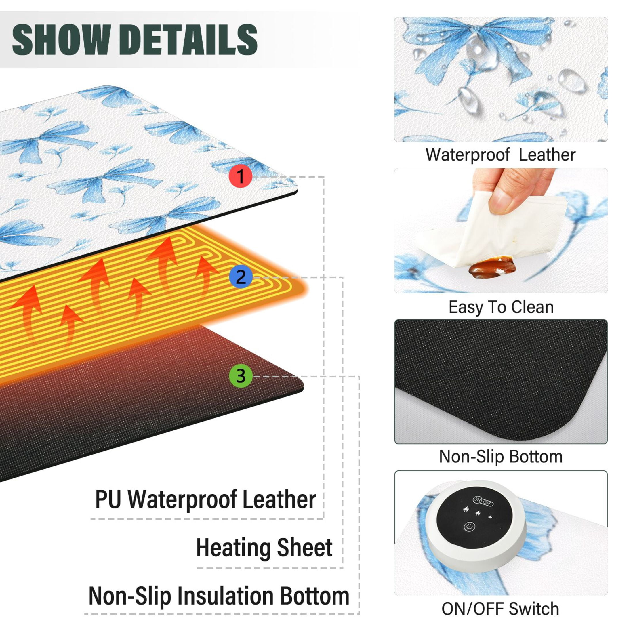 Large Heated Desk Mat Mouse Pad 31.5"x13"PU Leather Graphene Heating Desk Warmer with 3 Temperature Settings 110V US Plug Non-Slip Warm Pad for Home, Office, and Gaming Delicate Blue Bow Pairs