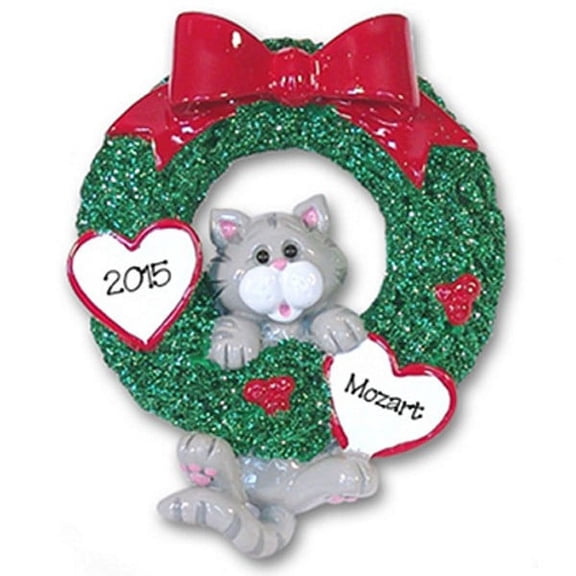 Gray Tabby Cat in Wreath Personalized Christmas Ornament