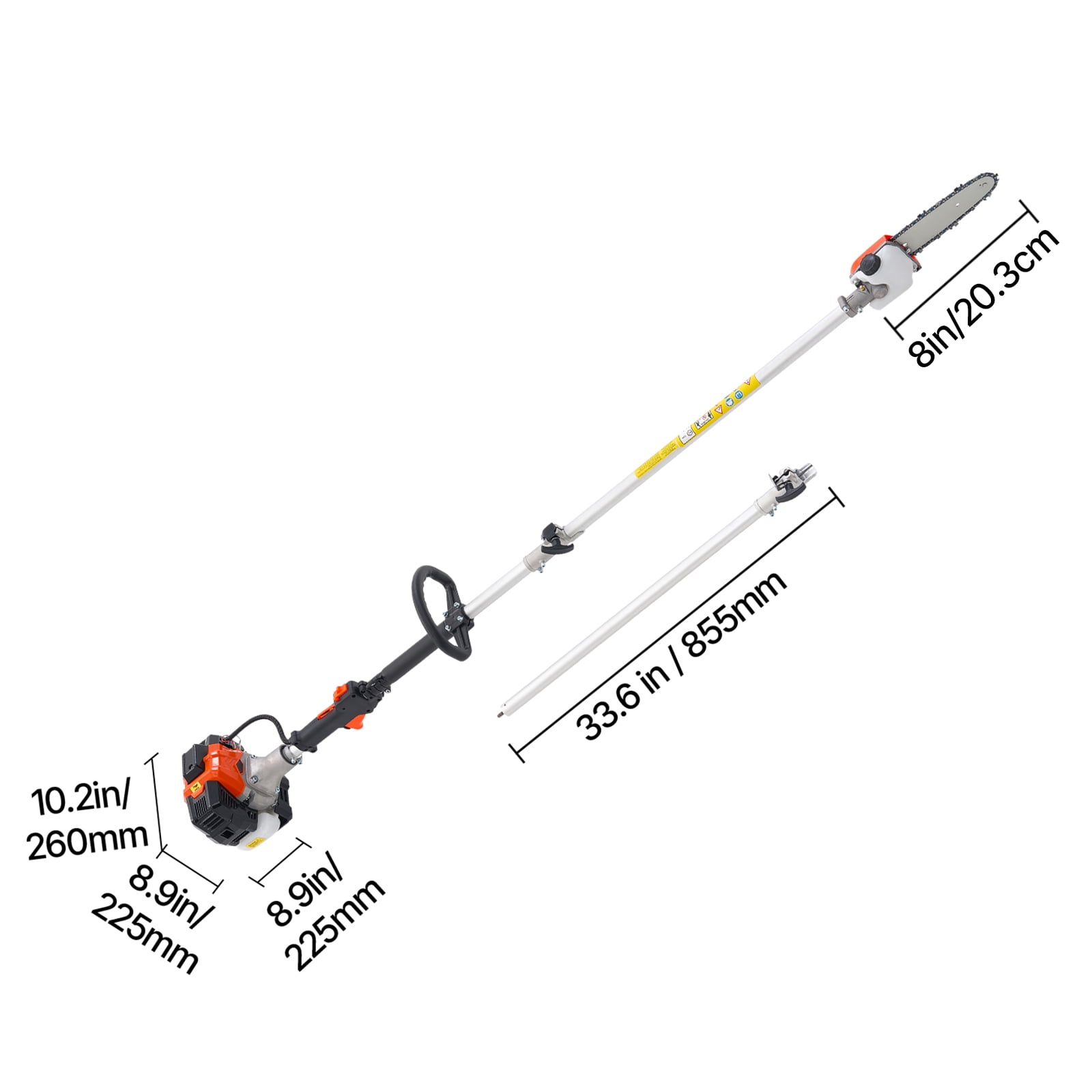 KFFKFF Gas-Powered Pole Saw, 25CC 2-Stroke Engine with 8-Inch Cutting Bar, Cordless Tree Trimmer Featuring 23 fl.oz Fuel Tank, Adjustable Length from 6.5 to 9 ft, Efficient Chainsaw for Pruning