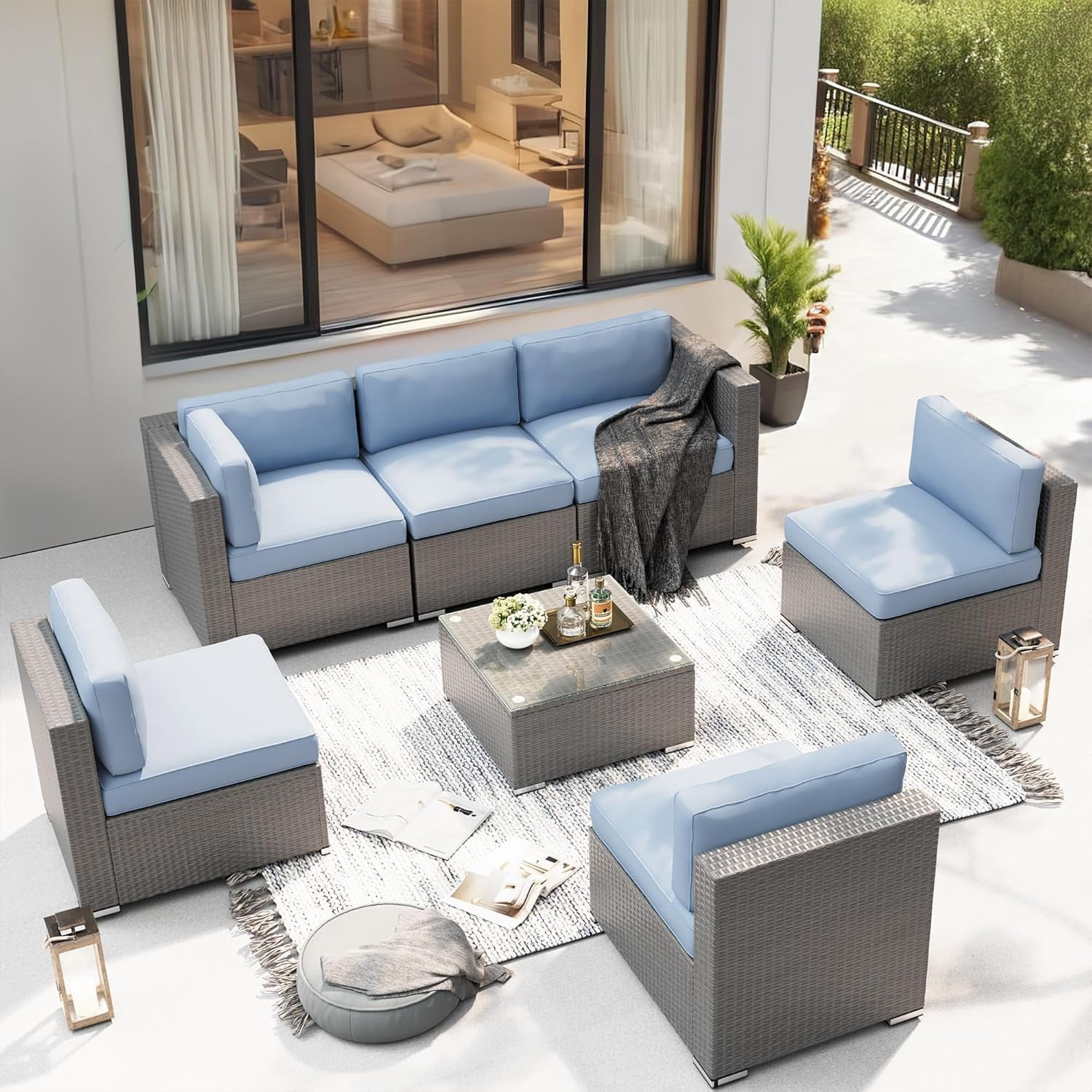 SOLAURA 7-Piece Patio furniture Outdoor  Sofa Set, Gray Wicker Rattan  Sectionals Light Blue Cushion Sofa Conversation Set with Glass Coffee Table