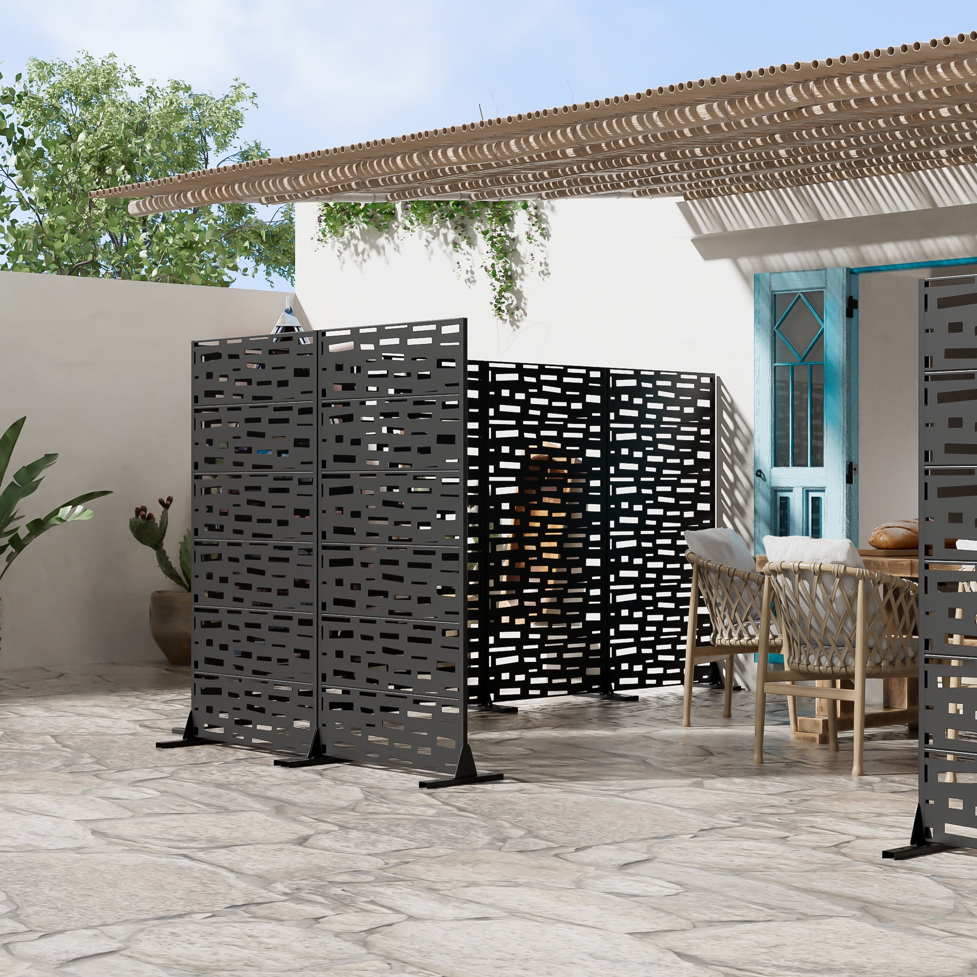 MAYEERTY 72 × 35in Outdoor Privacy Screen with Stand Metal Balcony Decorative Screen, Black