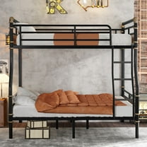 QZYeYun Metal Bunk Bed Full XL over Queen Size with Ladder and Guardrail, Metal Bed Frame for Teens, Heavy Duty Sturdy Bunk Beds, Black