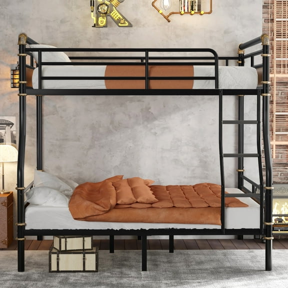QZYeYun Metal Bunk Bed Full XL over Queen Size with Ladder and Guardrail, Metal Bed Frame for Teens, Heavy Duty Sturdy Bunk Beds, Black