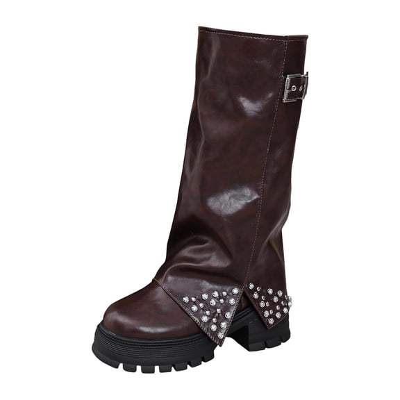 Mid Calf Boots Heel Fashion Side Buckle Round Toe Comfortable Fall Winter Footwear