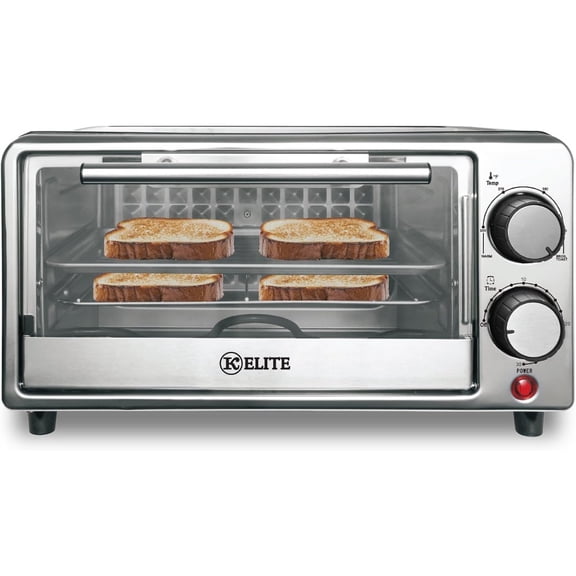 Compact countertop toaster oven for baking and toasting, with bake tray and wire rack, black stainless steel finish, 4-slice capacity and precise temperature control