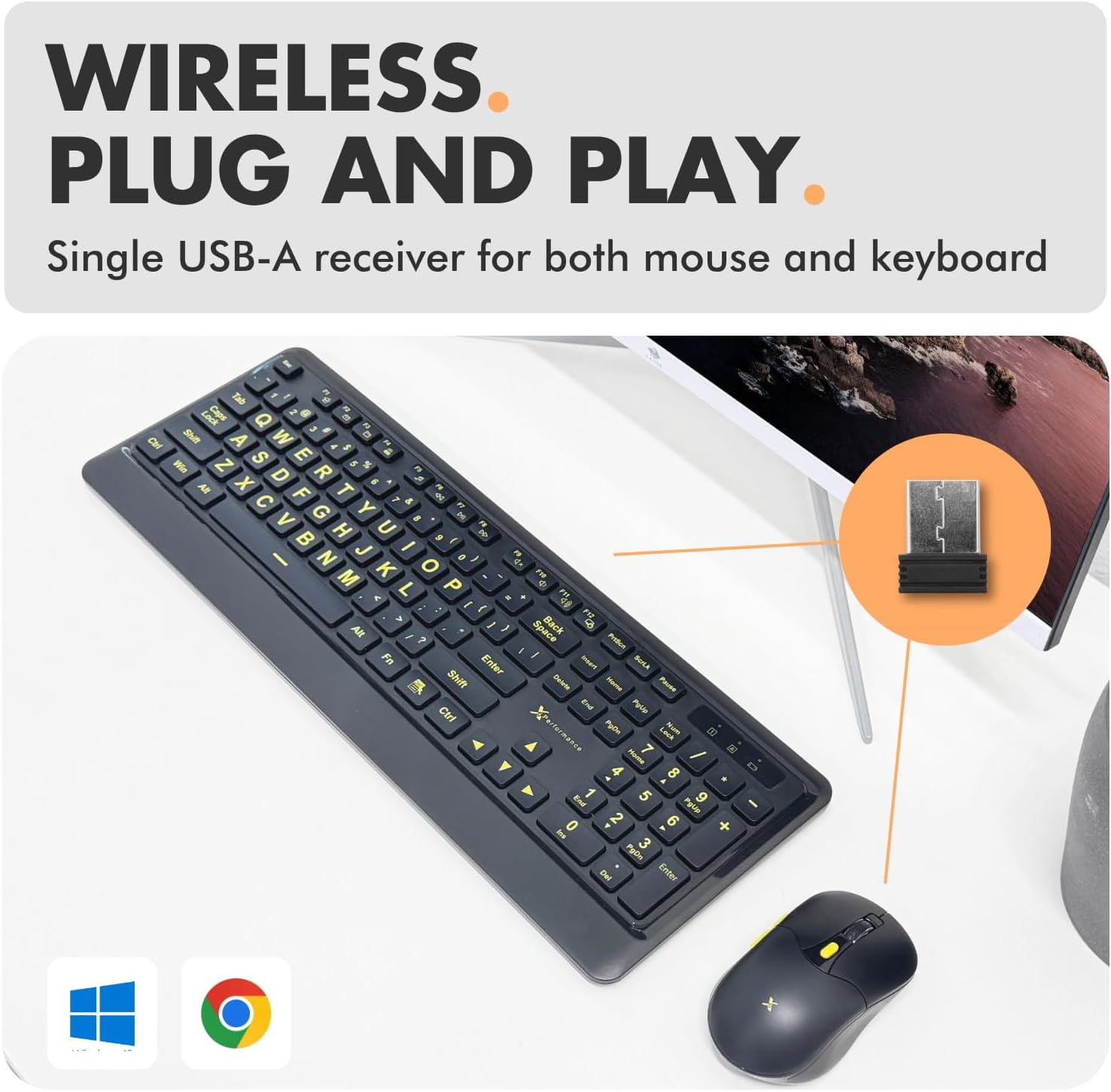 X9 Performance Large Print Wireless Keyboard and Mouse Combo - 4x Larger Oversize Yellow Letters for Seniors and Low Vision Users - 2.4Ghz Wireless Mouse and Keyboard Combo for PC