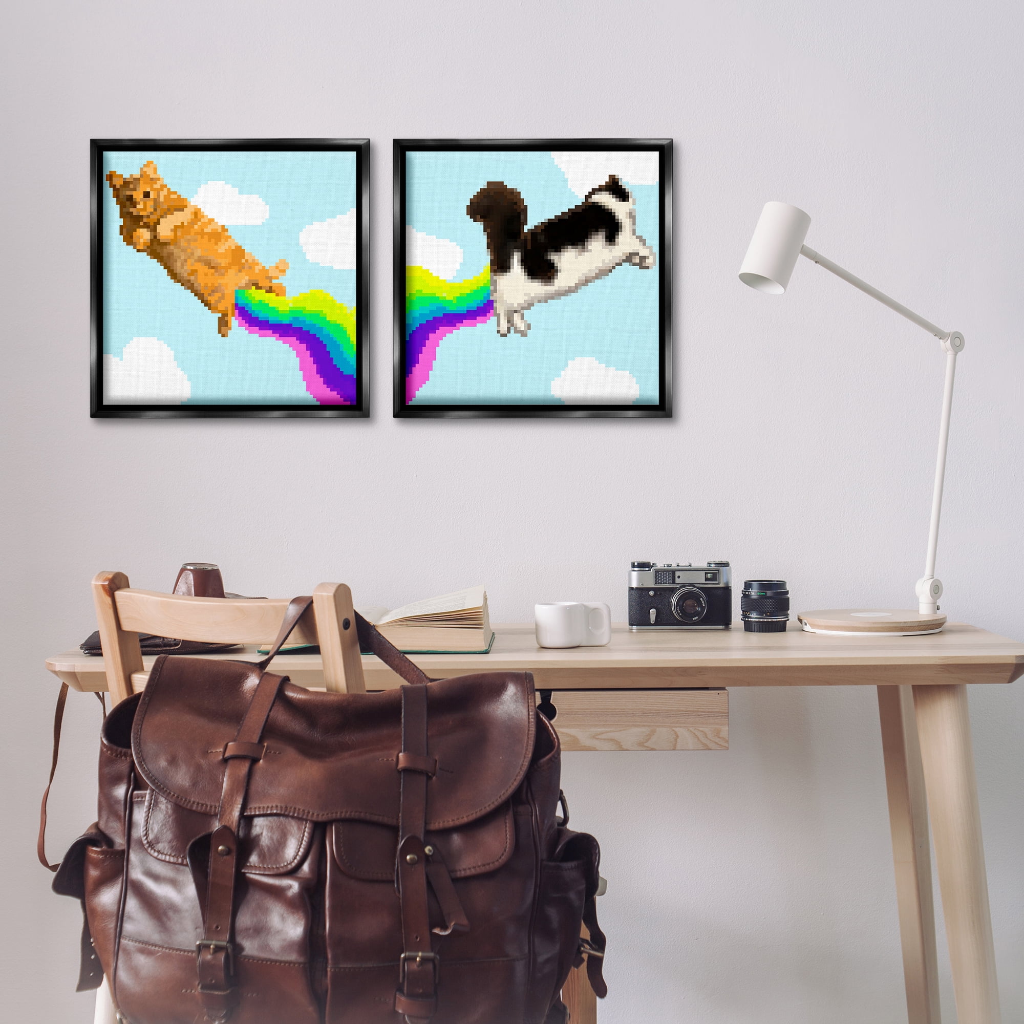 Stupell Industries Pixel Cats with Rainbows Animals Painting Black Floater Framed Canvas Art Print Wall Art, 18 x 18, Set of 2