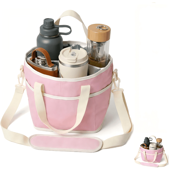 Family Size Insulated Drink Carrier Tote Bag – 4 Compartment Water Bottle & Tumbler Holder with Adjustable Strap, Nylon Travel Drink Caddy with Front Pocket (Pink)