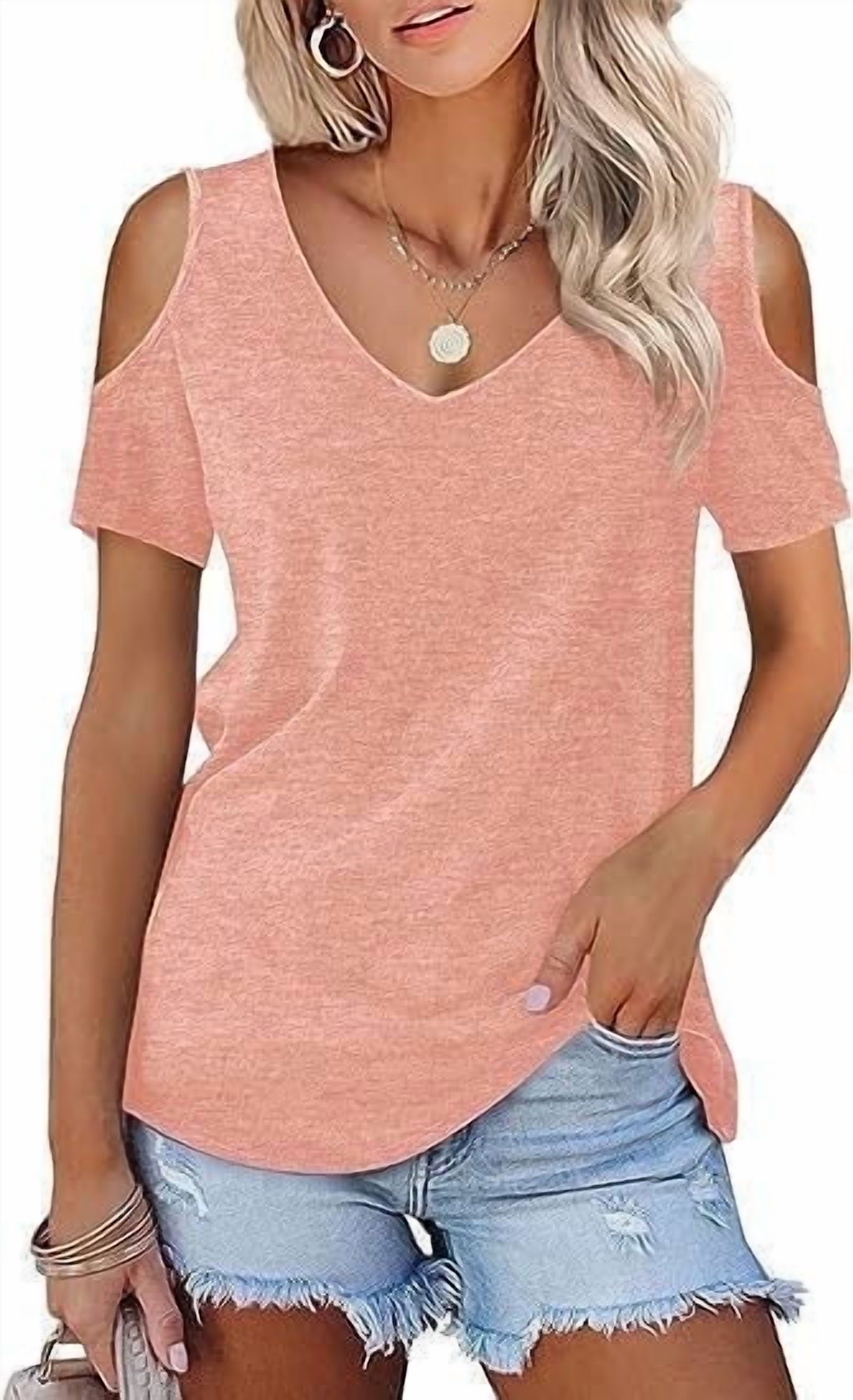 TEMOFON Basic V Neck T-Shirts for Women Loose Cold Shoulder Tunic Tops Loose Pink Sexy Blouse Tee Size XL