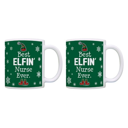 

ThisWear Christmas Coffee Mugs Best Elfin Nurse Ever RN LPN CNA Gifts 11 ounce 2 Pack Coffee Mugs Green