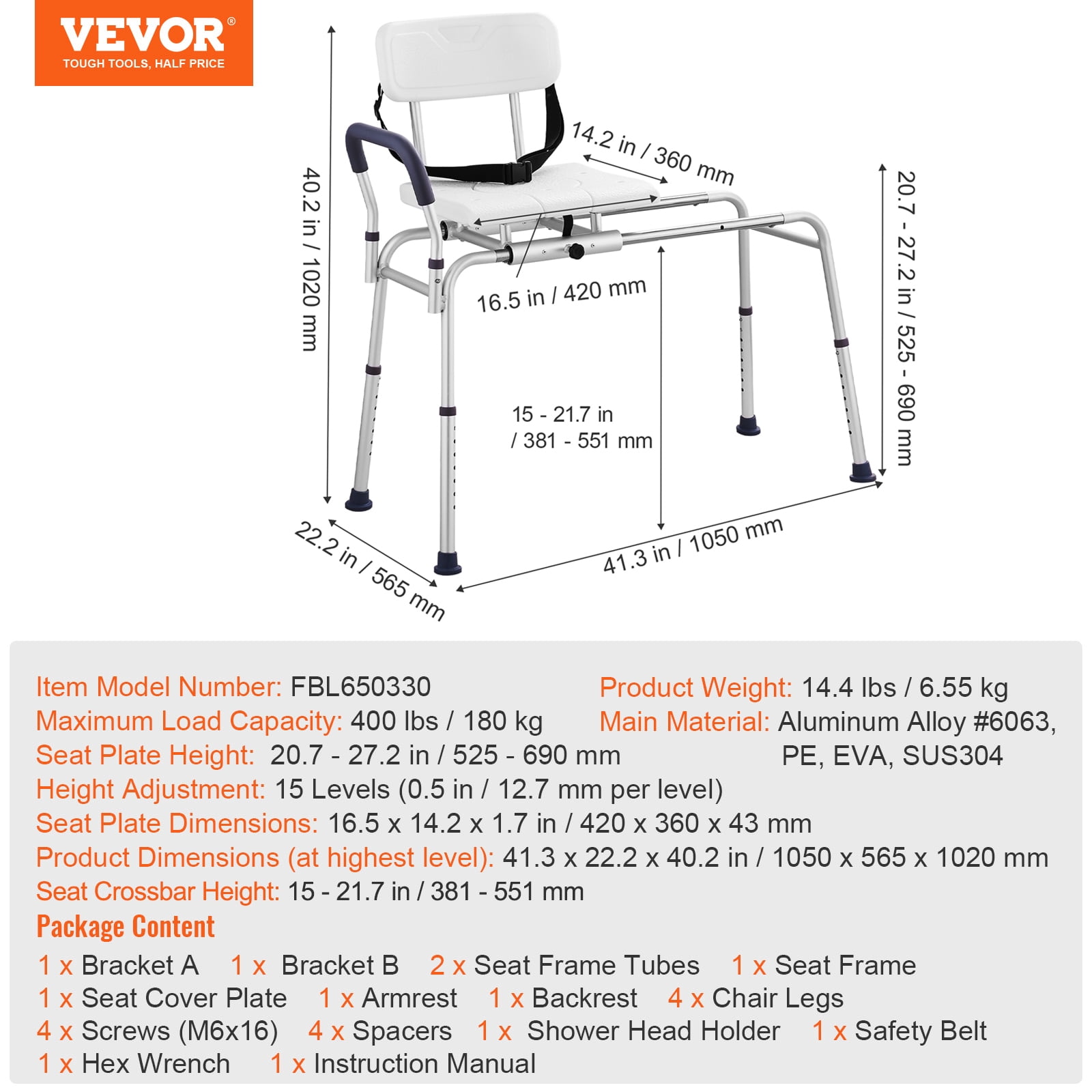 VEVOR Sliding Tub Transfer Bench, Height Adjustable Bathtub Transfer Bench with Cut-Out Seat, Reversible Backrest & Safety Belt,400LBS Capacity