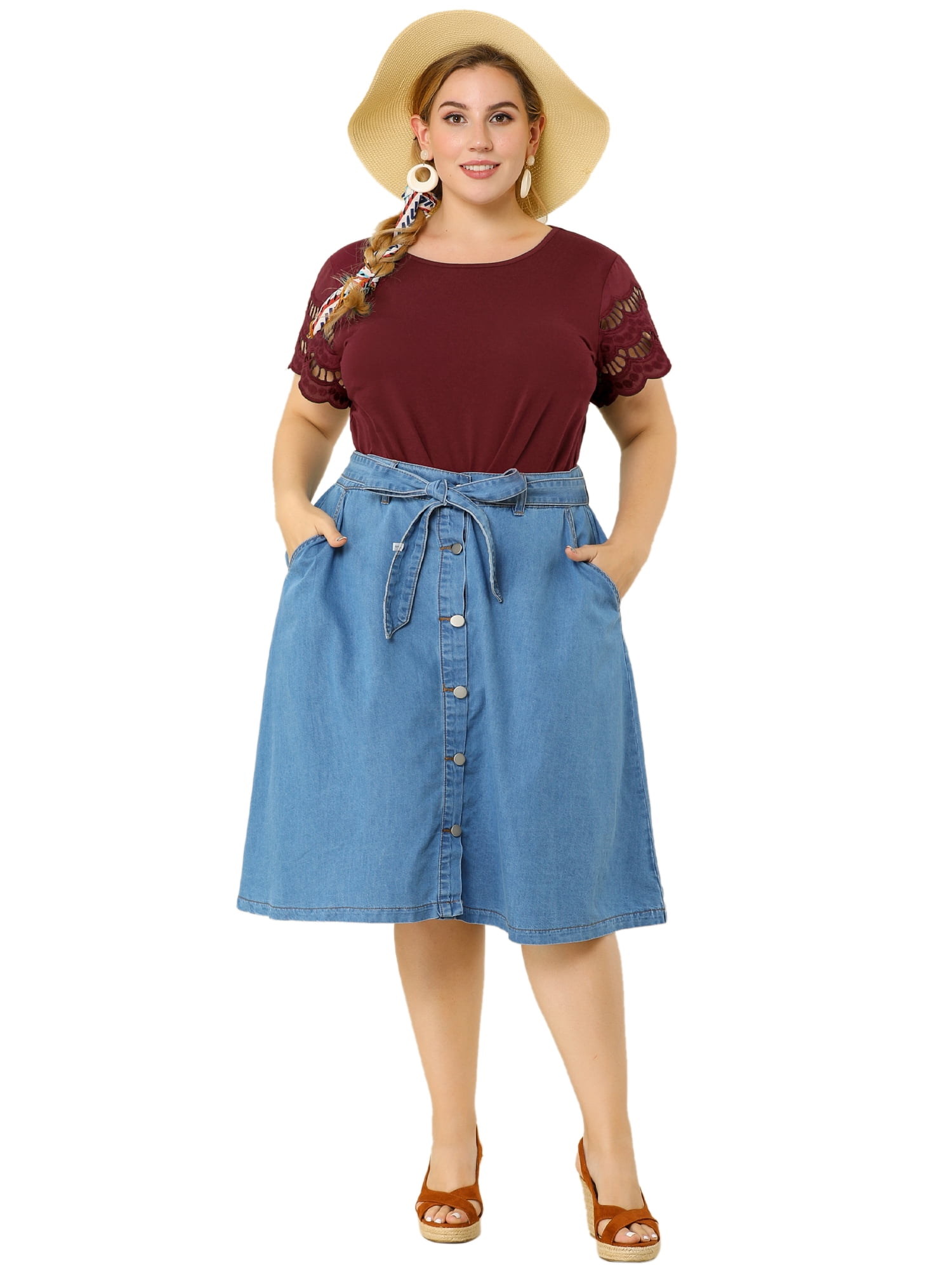 DARING DIVA Women's Plus Size Round Neck Lace Panel Blouses L Wine Red