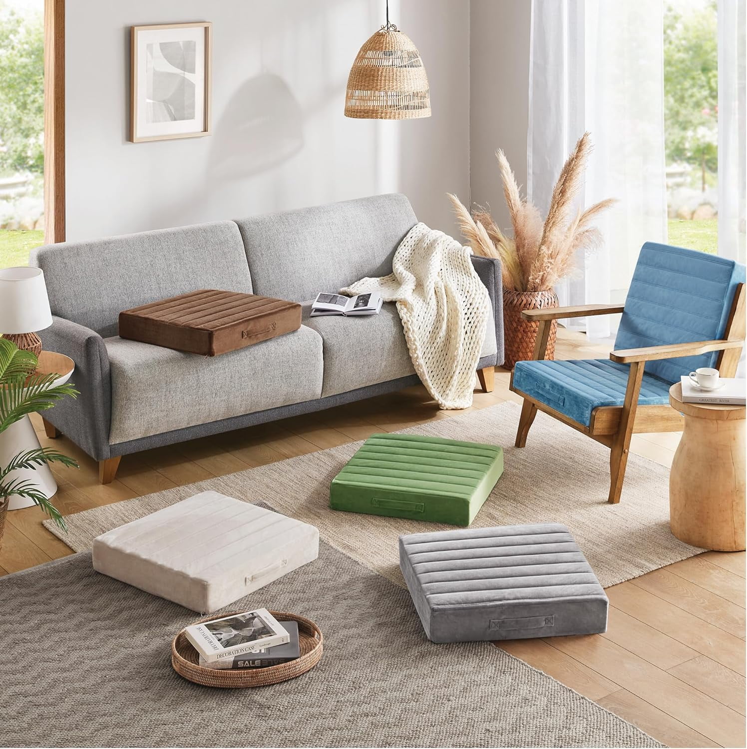 High Density Foam Floor Pillow 2 Sets, Large Meditation Cushions Seating for Adults and Yoga Sitting, 5" Thick Washable Couch Cushion with Soft Tufted Covers - 22 Inch Grey