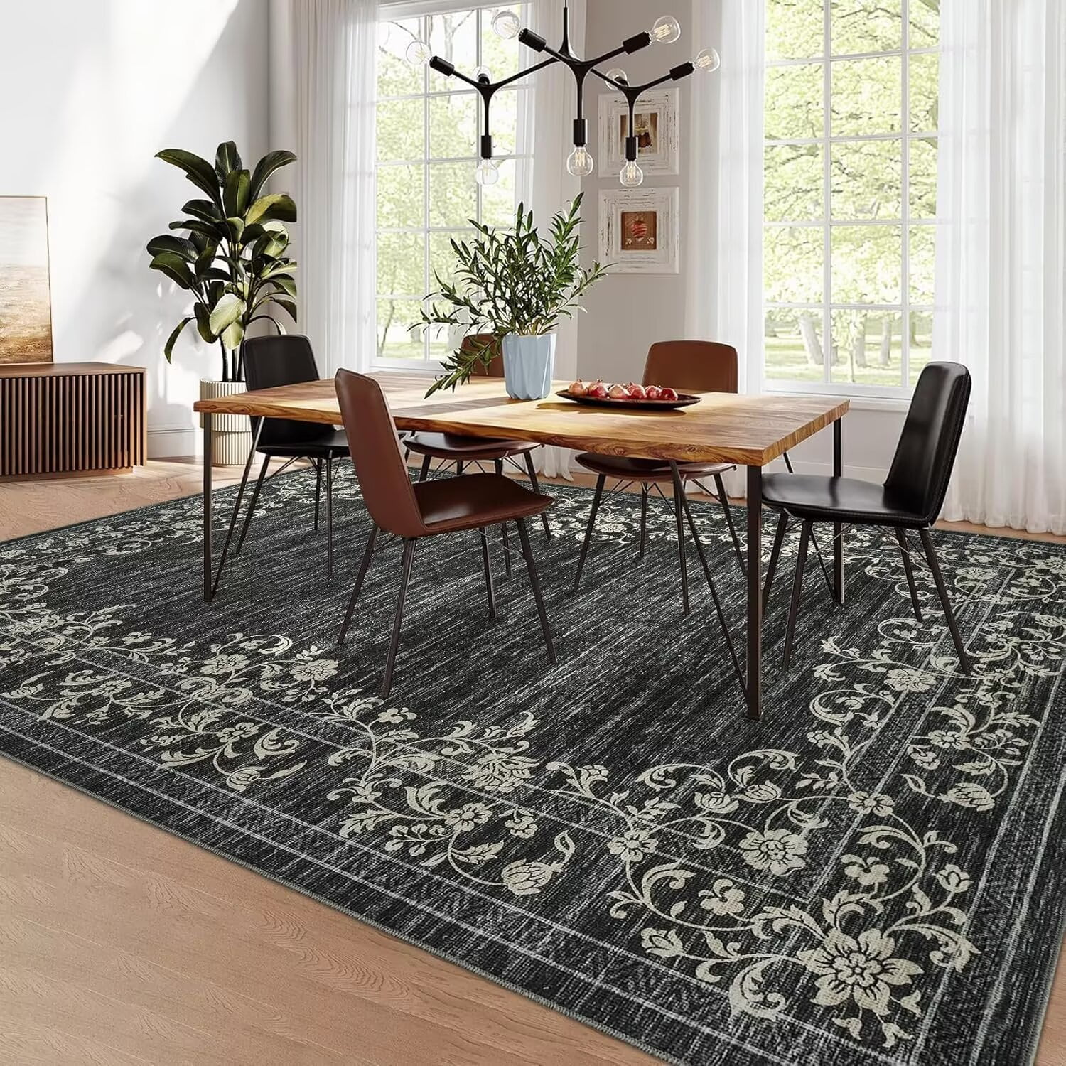 GlowSol 8'x10' Area Rug Modern Floral Area Rug Border Rugs for Living Room Bedroom Farmhouse Soft Foldable Area Rug, Black
