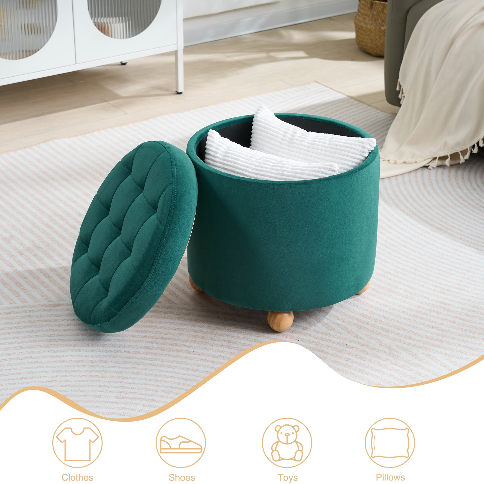 Round Velvet Storage Ottoman with Reversible Tray Lid, Tufted Upholstered Footrest Stool with Wooden Legs