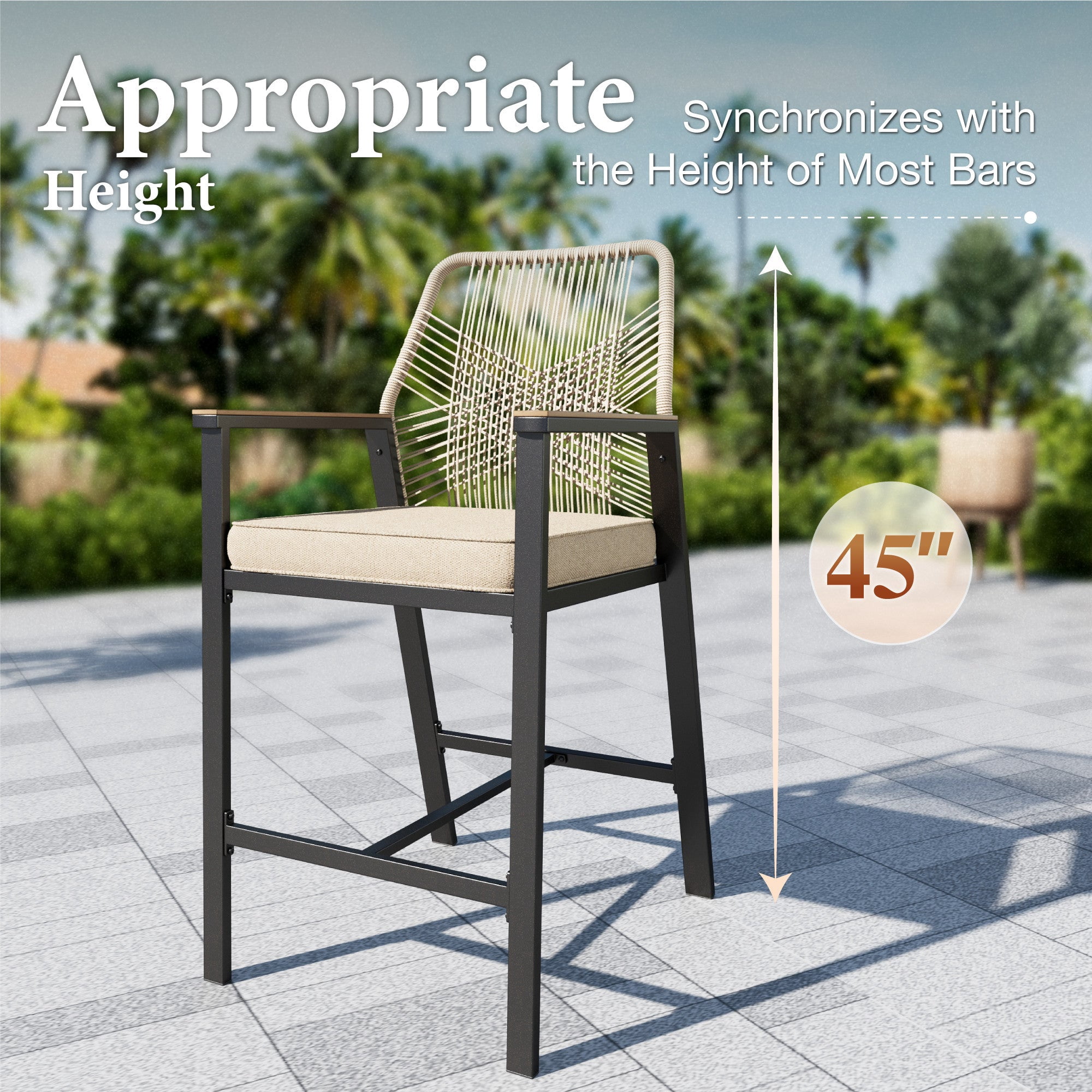 MF Studio 3-Piece Outdoor Patio Bar Set, All-Weather Rattan Bistro Set Dining Set with Removable Cushions, Square Bar Table