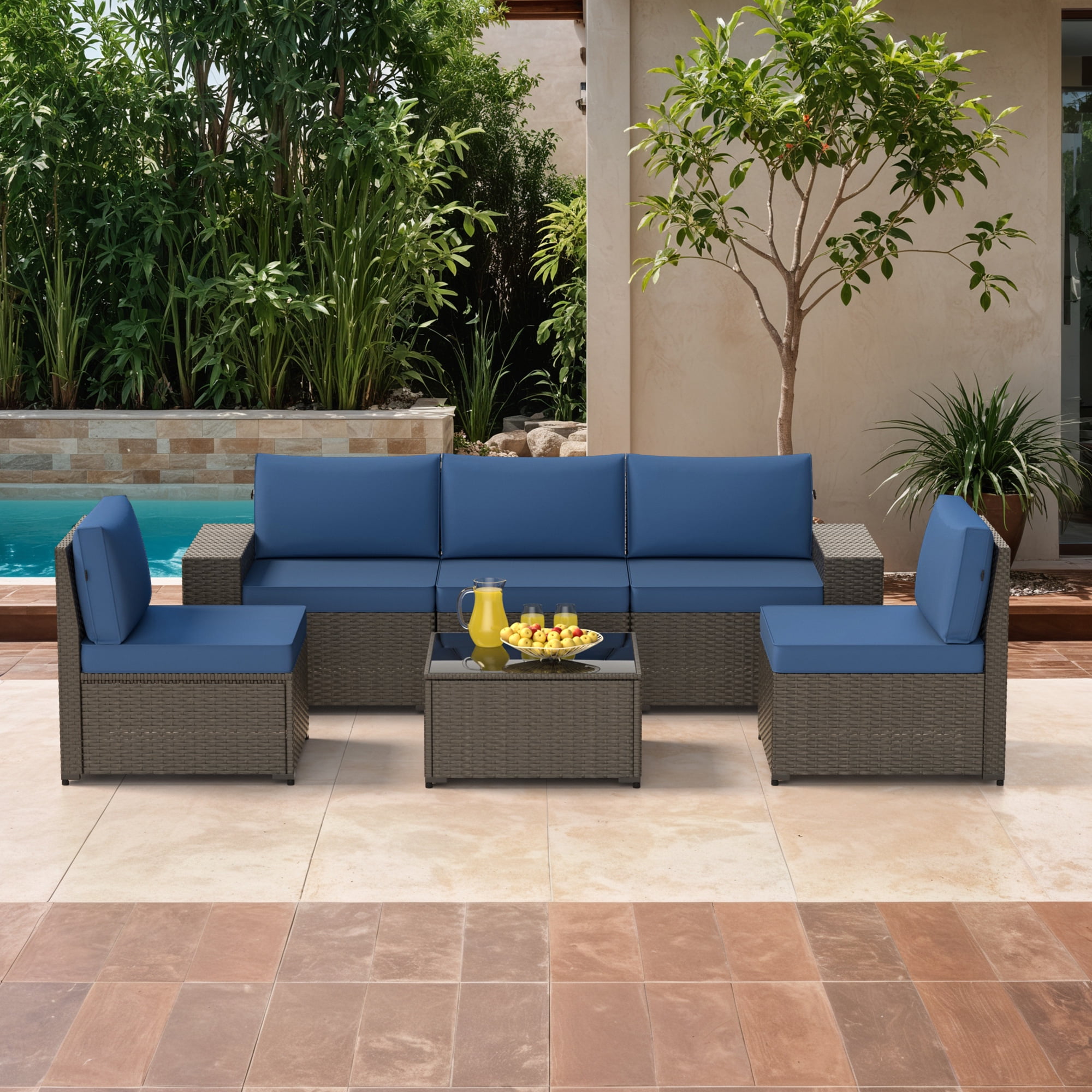 GOJOOASIS 6 Pieces Patio Furniture Set Outdoor PE Wicker Rattan Sectional Conversation Sofa,Blue