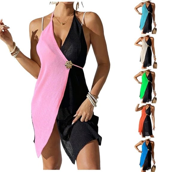 Qzwdhjm Womens Crochet Bathing Suit Coverup Halter Color Block Mini Dress Sleeveless Wrap Swimsuit Coverups Beach Loungewear Cover Up