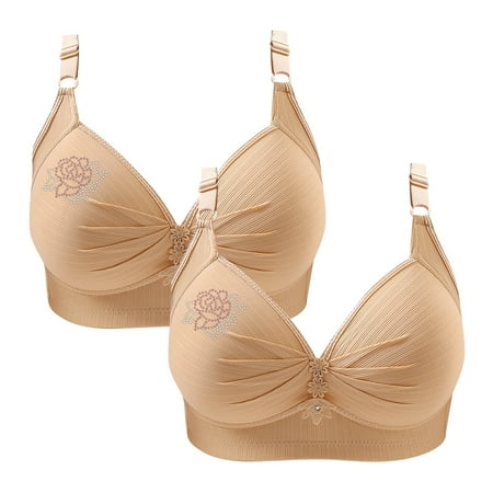 miqiqism 2 PCS Bra for Women Wire Free Brassieres Comfortable Wireless Bralette Fixed Pad No Underwire Bras Trendy Solid Lace Adjustable Straps Bra Beige 4X-Large