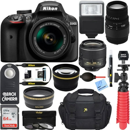 Nikon D3400 24.2 MP DSLR Camera + (18-55mm VR Nikon & 70-300mm SLD DG Sigma Lens Package, Black) + Bundle 64GB SDXC Memory + Photo Bag+Wide Angle Lens + 2x Telephoto+Flash + Remote + Tripod + Filters