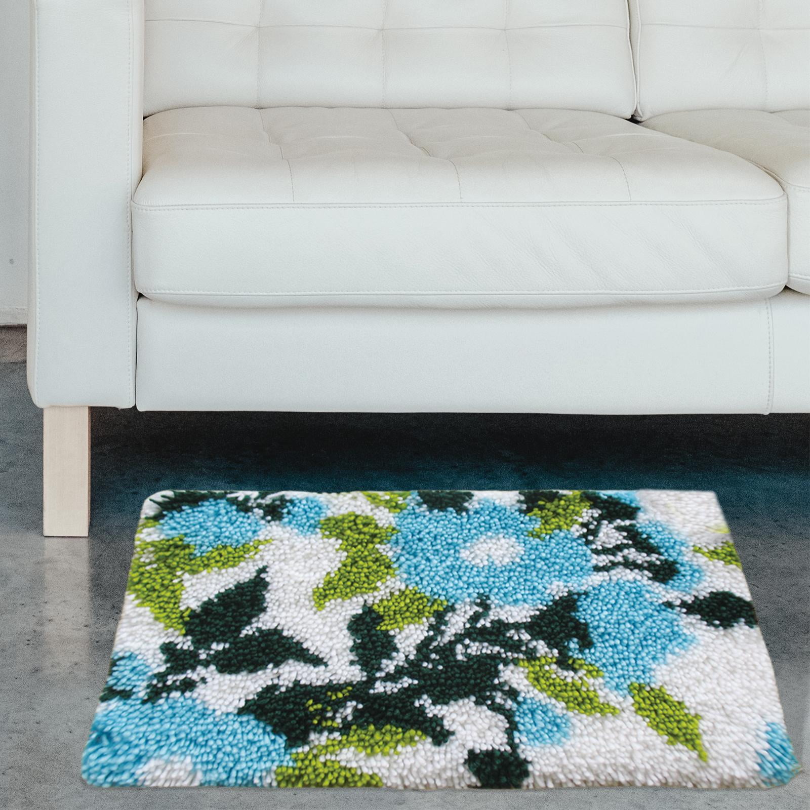Flower Latch Hooking Rug Kits Embroidery Carpet with Basic Tools work Crochet Hook Crafts Latch Hook Kits for Adults Bedroom , Blue Flower