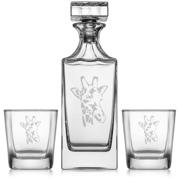 Whiskey Decanter Gift Set With 2 Whiskey Old Fashioned Rocks Glasses Giraffe Head