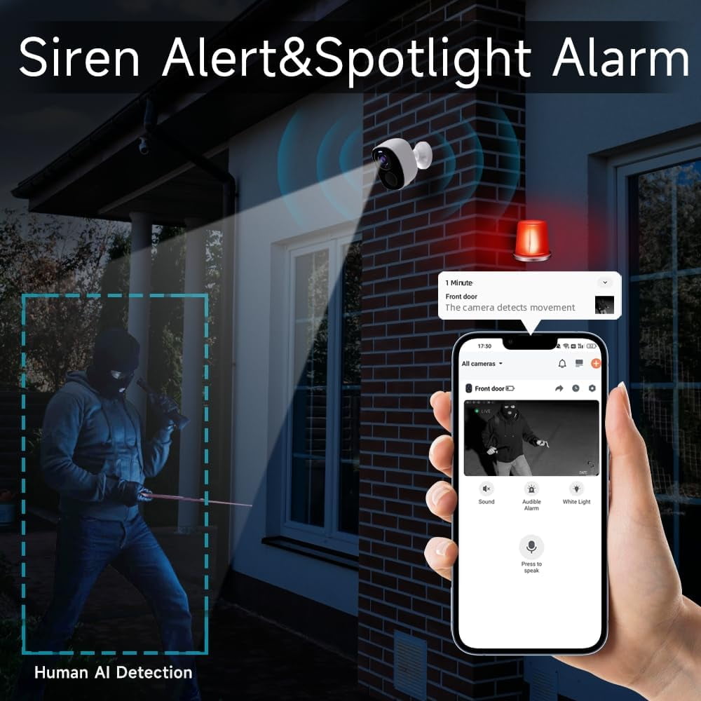 2K Security Camera Wireless Outdoor, Solar Battery Powered, 2.4G/5G WiFi, AI Motion Detection with Spotlight Siren Alarm, Color Night Vision, IP66 Waterproof, 2-Way Audio