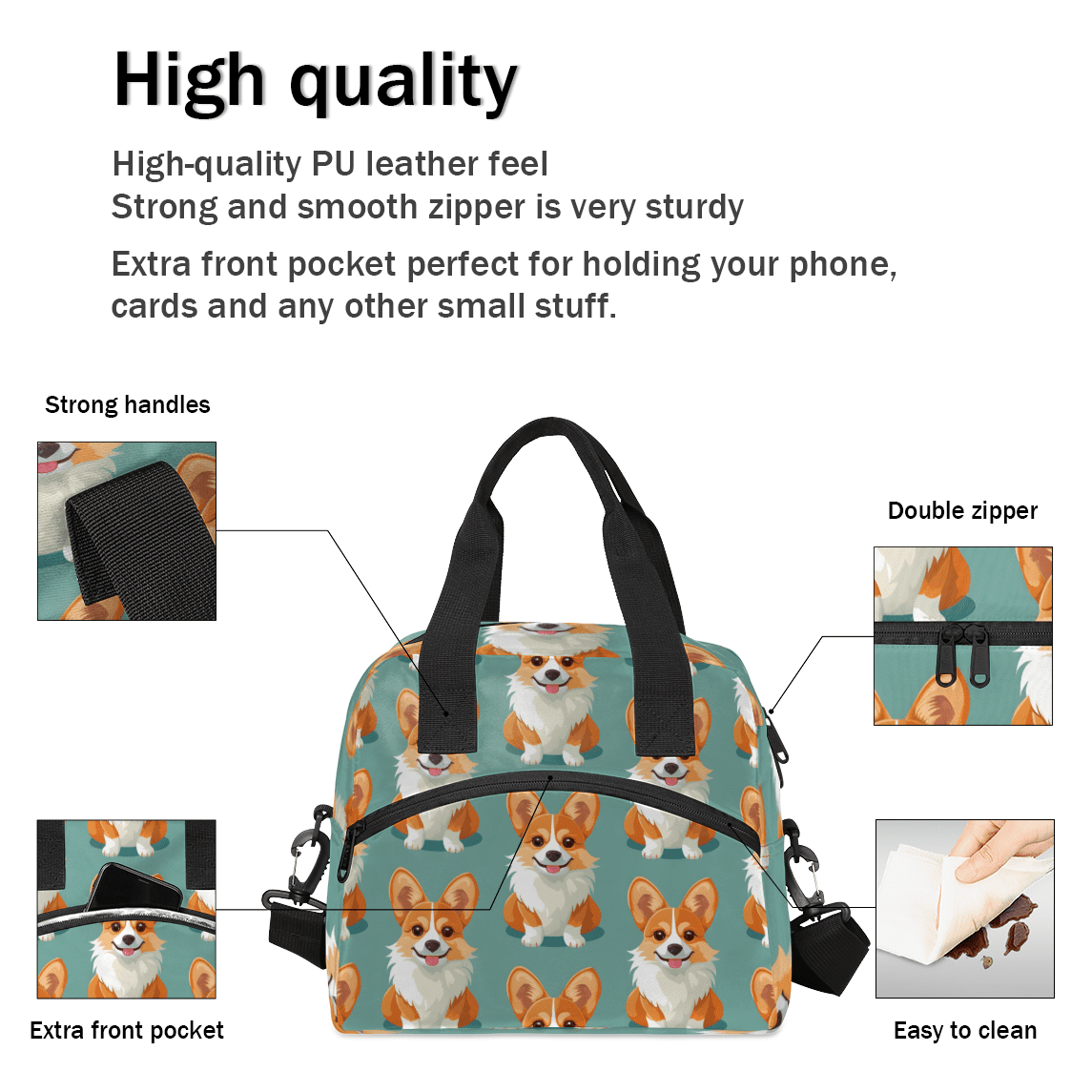 Herdesigns Dog Insulated Lunch Bag for Women Men Adults Large Reusable Lunch Box Puppy Dog Leakproof Cooler Tote Bags with Adjustable Shoulder Strap