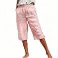 thumbnail image 5 of hoksml Women's Striped Elastic Waist Capri Pants - Cotton Linen Blend with Side Slits and Pockets, 5 of 9