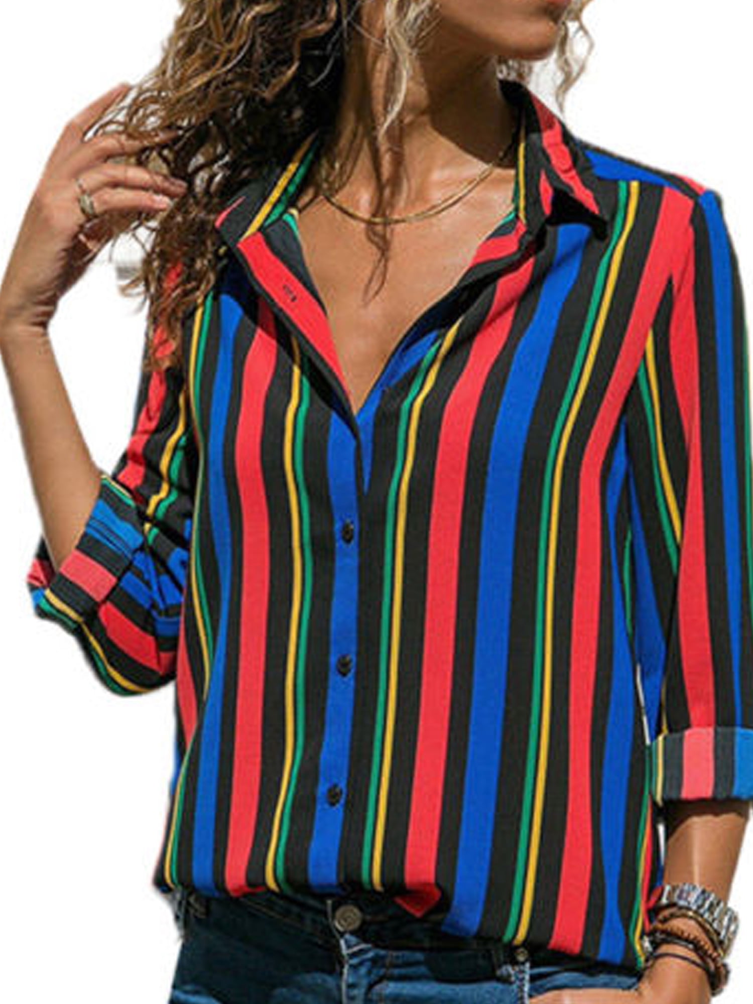 Shirts for Women Office Roll Up Sleeve Tops Casual Striped Button Down Blouse Fashion T Shirts 