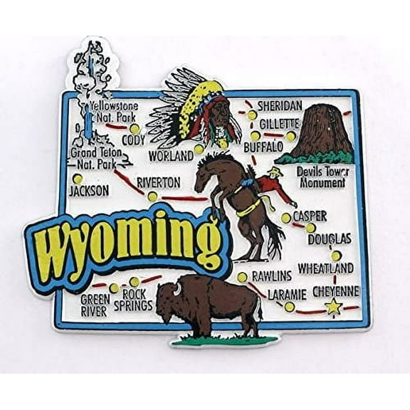 Wyoming State Map and Landmarks Collage Fridge Collectible Souvenir Magnet
