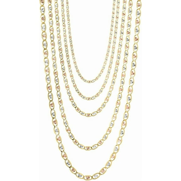 Floreo 10k Yellow Gold and White Gold and Rose Gold 3mm Solid Valentino Heart Chain Necklace 18 Inch