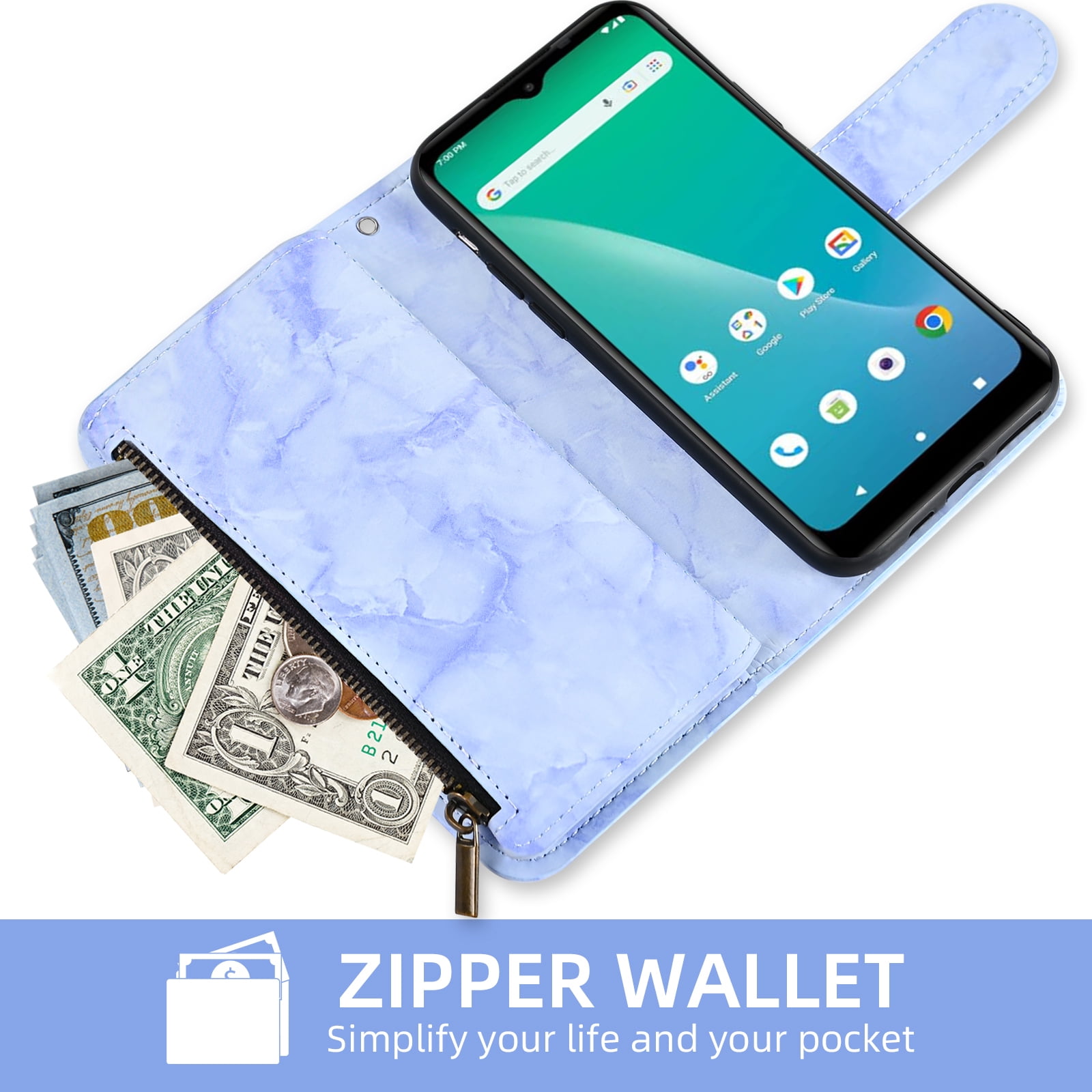 Asuwish Compatible with Hot Pepper Chilaca Wallet Phone Case Tempered Glass Screen Protector Marble Faux Leather Flip Credit Card Holder Stand Zipper Cell Cover for HPPL60A HPP-L60A 6.5 Women Blue
