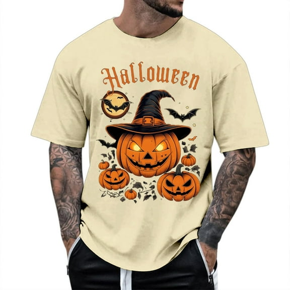 T Shirts for Men Graphic Halloween Funny Pumpkin Printed Casual Comfortable Short Sleeve Crew Neck Tees Sports Leisure Activities Lightweight Breathable Men's Shirts Beige L