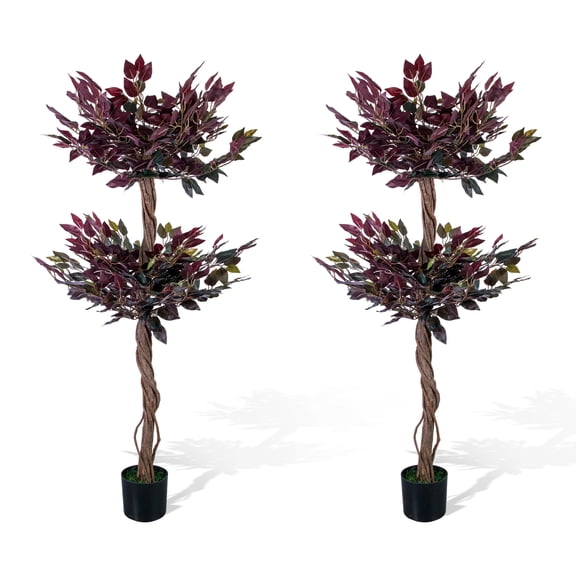 QinaQin 5FT Artificial Ficus Tree Set of 2, Faux Banyan Tree with Realistic Leaves, Fake Potted Greenery Plant for Living Room Office Indoor Outdoor Decor