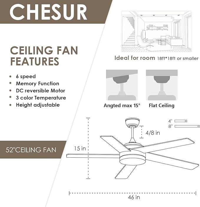 YIOSI 46" Black Ceiling Fan with Lights & Remote - Modern Low Profile, Reversible DC Motor, 5 Dual-Sided Blades, LED Light, APP/Remote Control, Quiet & Energy Efficient - Black